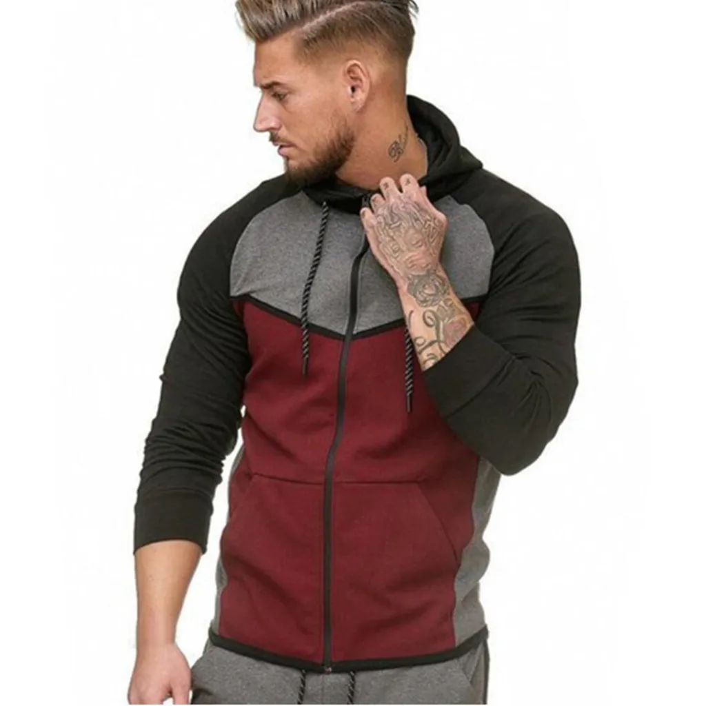 

2018 Men Zipper Splicing Color Pullover Long Sleeve Hooded outerwear Tops Jacket Men Overcoat
