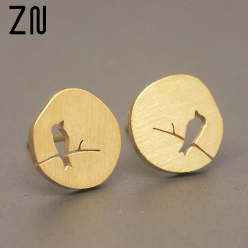 ZN выдалбливают птица стоящая на ветках серьги-гвоздики Гальваника проволока рисунок Геометрическая Серьга для женщин