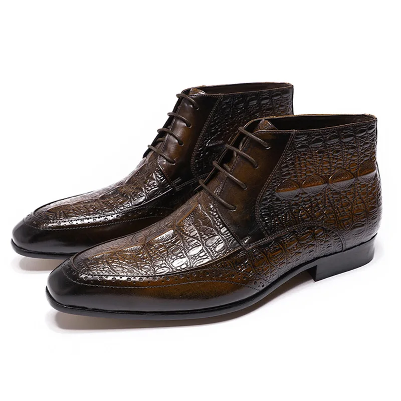 Мужские ботильоны в стиле рок из натуральной кожи с узором «крокодиловая кожа»; удобные Мужские модельные туфли на шнуровке; Цвет черный, коричневый - Цвет: Brown