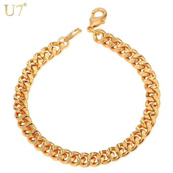 

U7 Brand Gold/Silver/Black Color Bracelets Trendy 21CM 6MM Cuban Link Hand Chain Bracelet Men Jewelry H608