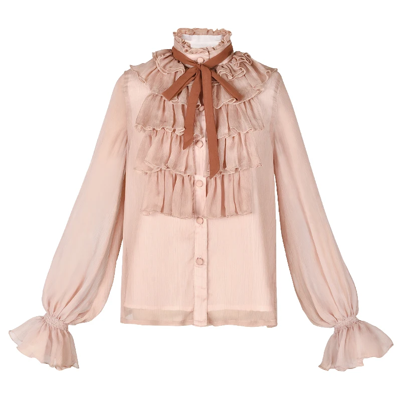 Free Shipping Boshow 2019 New Fashion Pink And White Shirts For Women Long Lantern Sleeve Ruffles Blouses Tops S-L Spring Autumn
