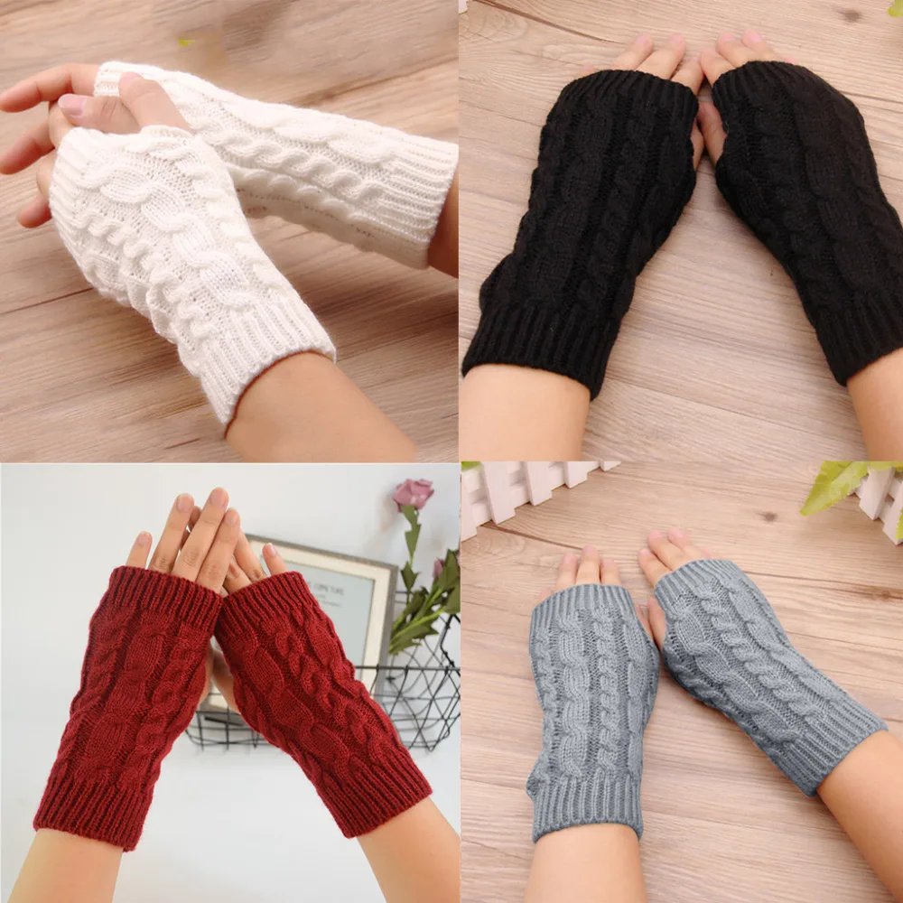 Women Winter Knitted Arm Sleeve Gloves Weaved Braid Solid Fingerless