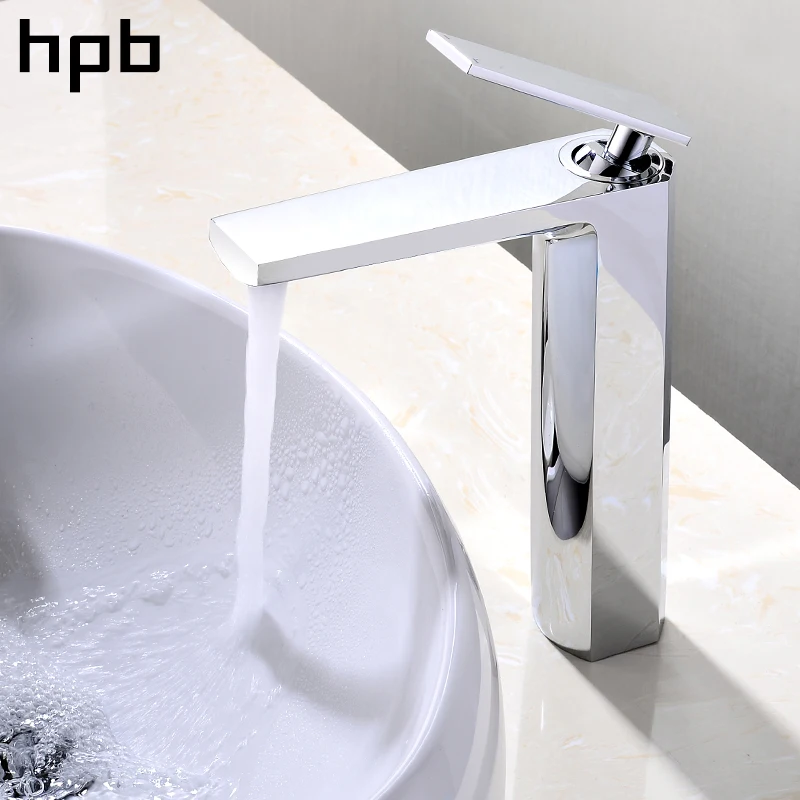 

HPB Polish Chrome Tall Basin Faucet Single Lever Bathroom Sink Mixer Tap Square Style Hot And Cold Water Torneira