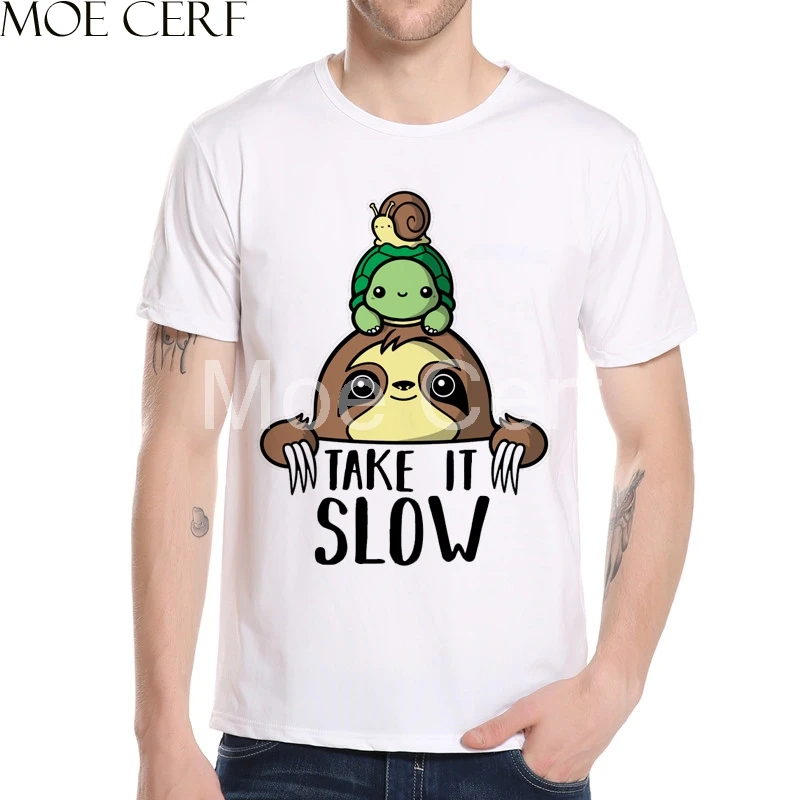 

2019 Funny Animal Take It Slow Letter Design T Shirt Fashion 3D Print Sloth T Shirt Men Summer Harajuku Hipster Cool Tee L11-30