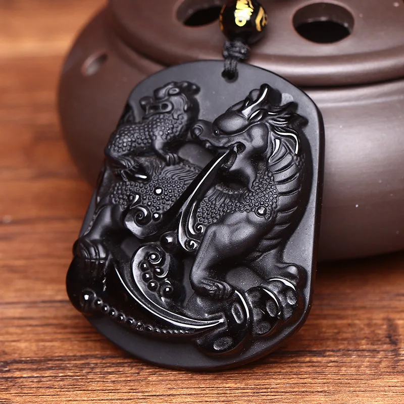 

New Arrive Natural Black Obsidian Pendant Hand Carved Chinese Dragon Buddha Lucky Amulet Mother And Child Kirin Pendant Jewelry