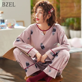 

BZEL 2 Peices New Winter Pajama Sets Women Cartoon Pineapple Sleepwear Long Sleeve Nightwear Pijama Feminino Leisure Home Cloth