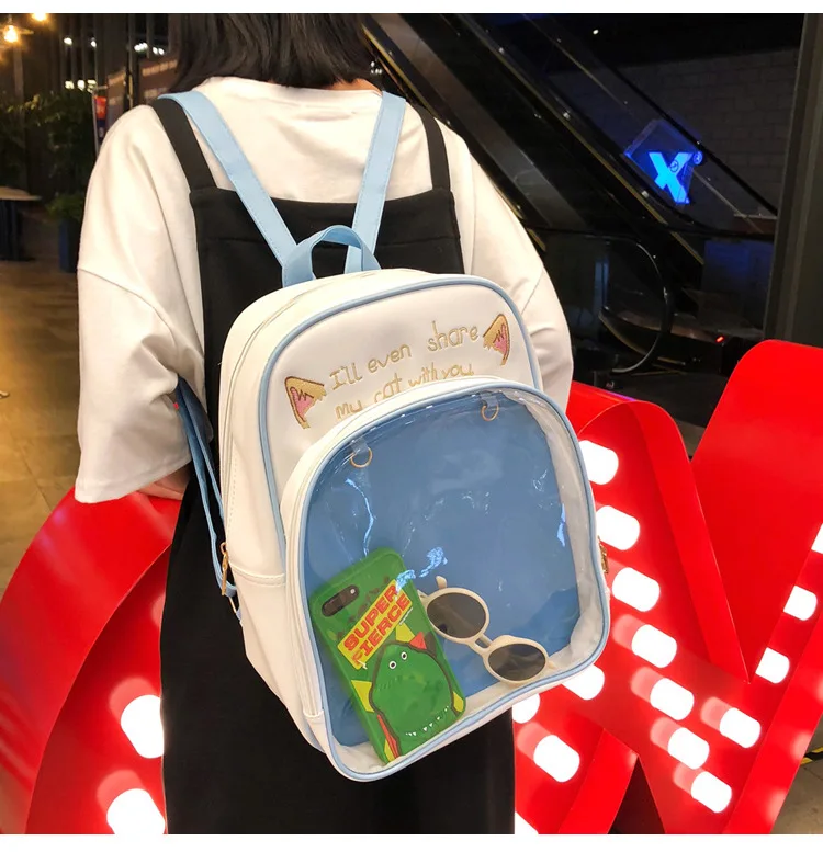 ПВХ прозрачный рюкзак для женщин Harajuku школьные сумки для девочек-подростков мультфильм кошка Ita сумка Ulzzang дамы карамельный цвет рюкзаки
