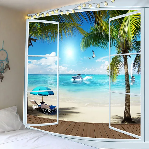 

3D seaside Wall Hanging Tapestry Scenery outside the window Mattress Bohemian 6 Sizes Rug Blanket Camping TentFree Shipping