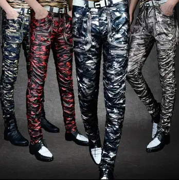 

Winter personality fashion motorcycle leather pants mens camouflage trousers faux leather pants for men pantalon homme punk