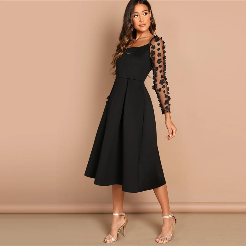 SHEIN Night Out Contrast Mesh Appliques Pleated Square Neck Knee Length Dress Autumn Modern Lady Workwear Women Dresses