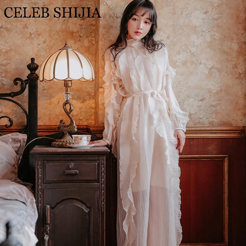 

2019 New Autumn Woman dress stand collar Long sleeve pleated ruffled runway elegant maxi vestido dresses party spring robe femme