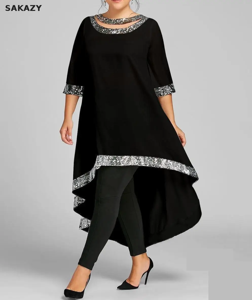 Женское платье размера плюс с круглым вырезом, белое летнее платье с блестками, женская одежда, Свободные повседневные платья больших размеров 5xl - Цвет: Черный