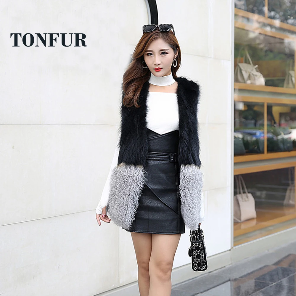 

2019 Vintage real tan sheep fur gilet women wholesale retail natural genuine raccoon fur vest mix with mongolia sheep fur wsr226