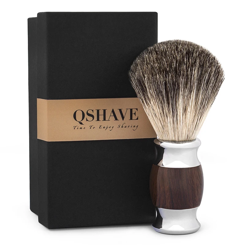 Qshave, Мужская щетка для бритья из чистого барсука, дерево,, безопасная бритва, прямая Классическая Безопасная бритва, 11,5 см x 5,6 см, под дерево