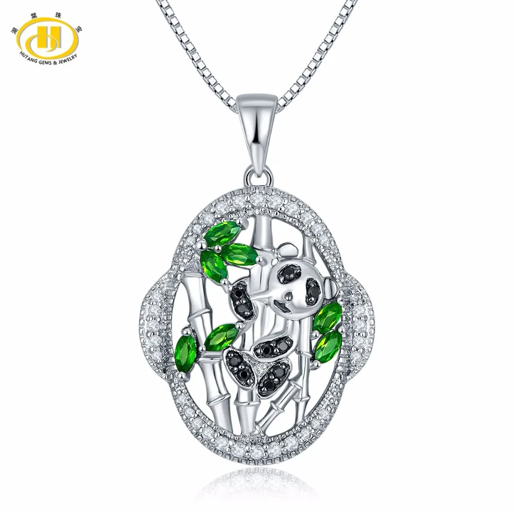 

Hutang Solid 925 Sterling Silver Natural Gemstone Chrome Diopside & Spinel & Topaz Panda Pendant Necklace Fine Jewelry Women