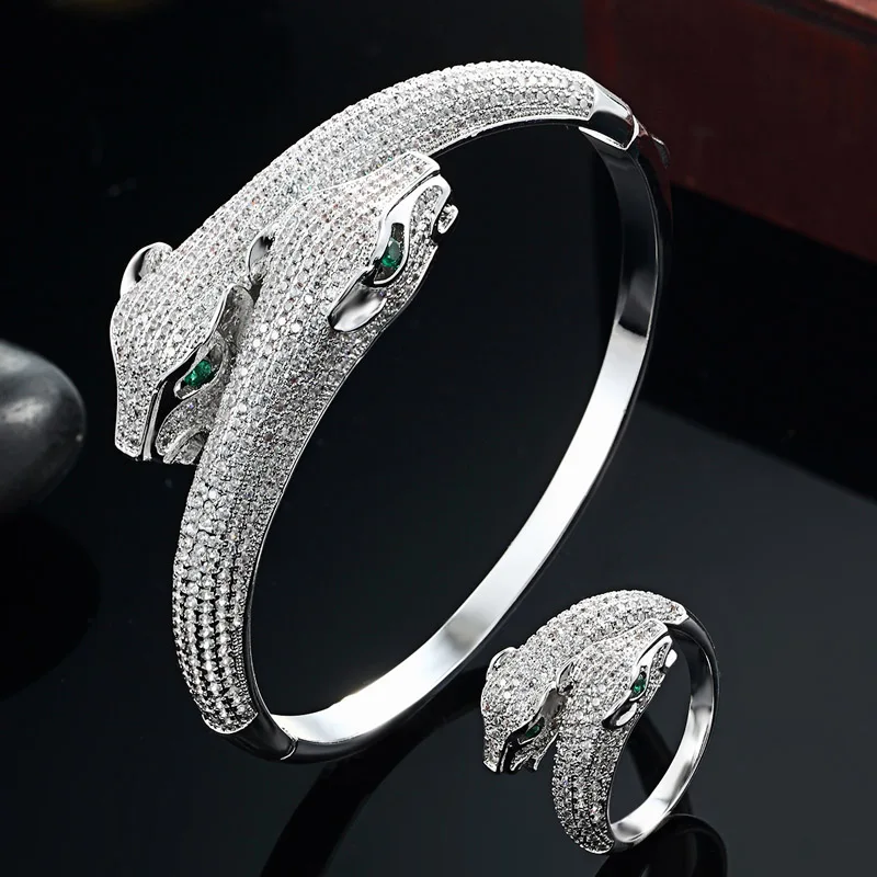 

Brand Two leopard Animal Bangle and ring Jewelry sets For Men Jewelry Perfect AAA Cubic Zircon Bangles Silver Color couple bijou
