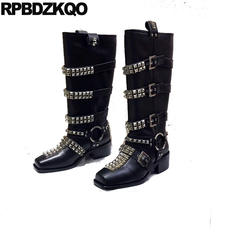 

mid calf spike square toe black stud chunky genuine leather european designer shoes women luxury 2018 brand boots rivet metal