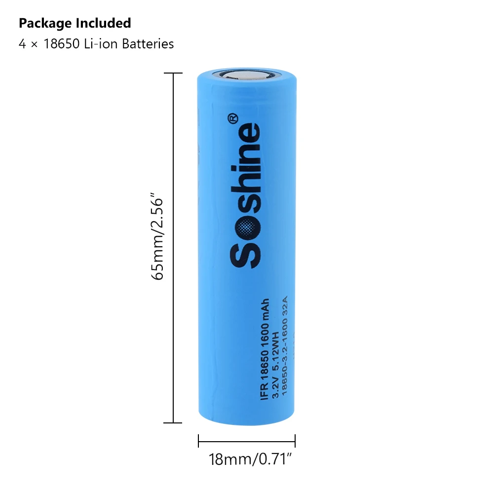 Soshine LiFePO4 18650 аккумуляторная батарея 3,2 V 1600mAh запасная батарея безопасные батареи для промышленного использования для фонариков