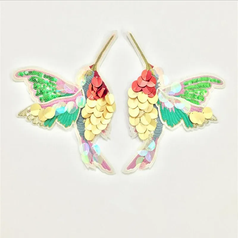 

Double Wings Hummingbird sequins iron on patches for clothes Sew-on embroidered patch motif applique deal with it clothing