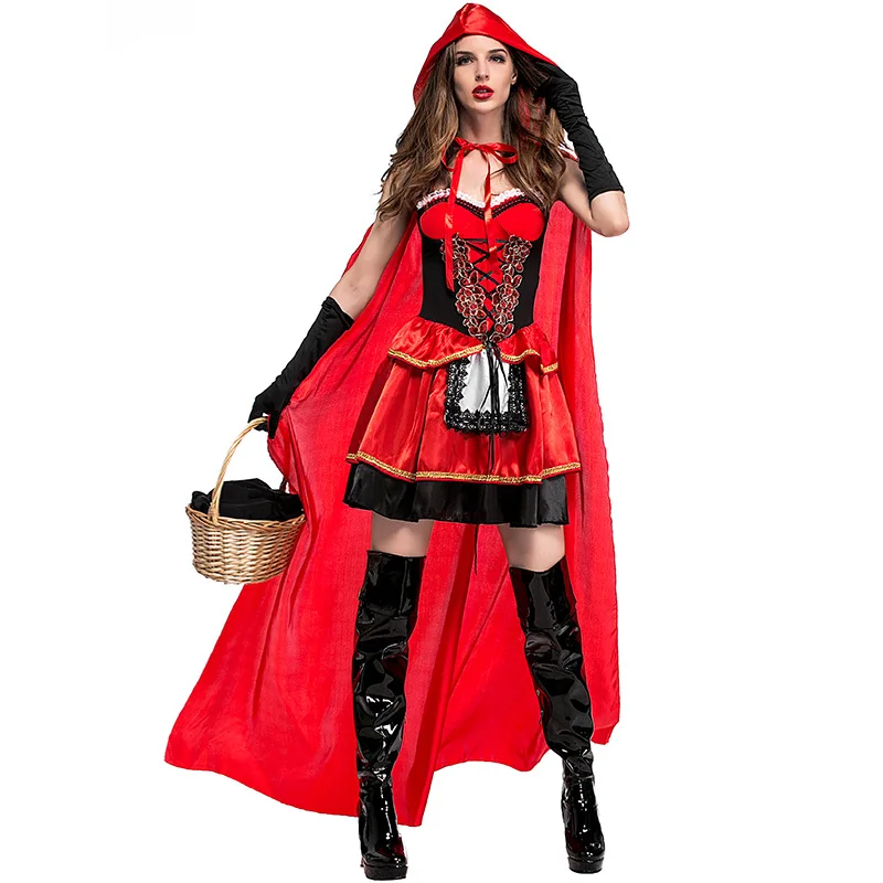 

Fairy Tale Little Red Riding Hood Costume For Women Halloween Cosplay Female Fancy Dress + Cloak+Gloves