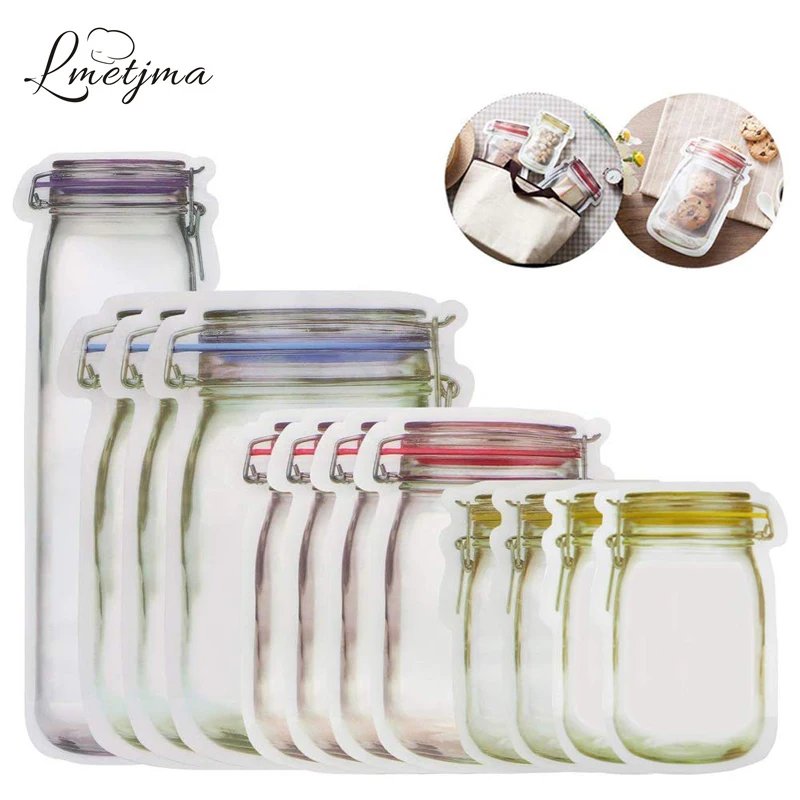 LMETJMA 12 قطعة ميسون جرة أكياس بسحاب قابلة لإعادة الاستخدام وجبة خفيفة التوقف حقيبة مانعة للتسرب الغذاء شطيرة تخزين أكياس للسفر الاطفال KC0216