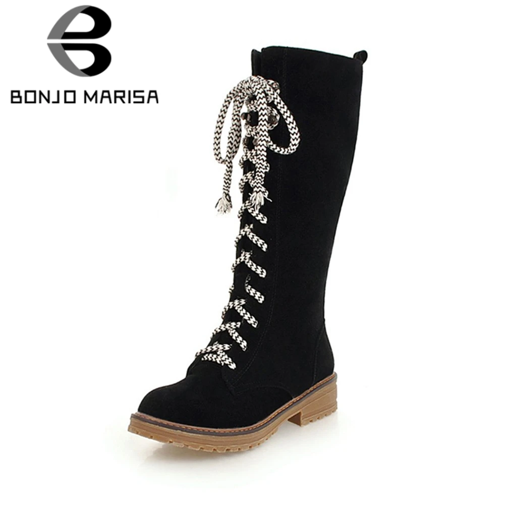 

BONJOMARISA 2018 Winter Big Size 34-43 lace-up mid-calf Boots Women Elegant Platform Med Wide Heels Shoes Woman