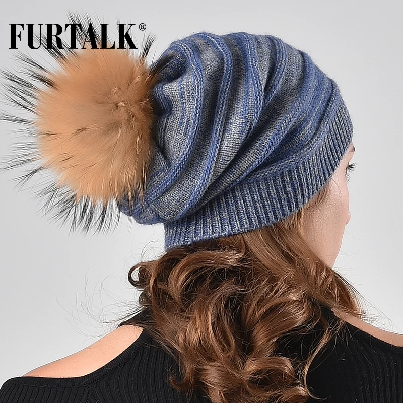 FURTALK зимняя шапка женская из натурального меха енота шерстяные шапки с кроличьим