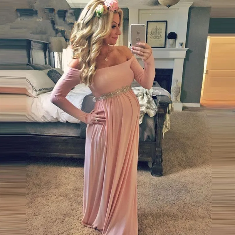 

High Quality Vintage Pregnant Mom Prom Gown Boat Neck Spandex Stretch Long Sleeves Evening Dresses