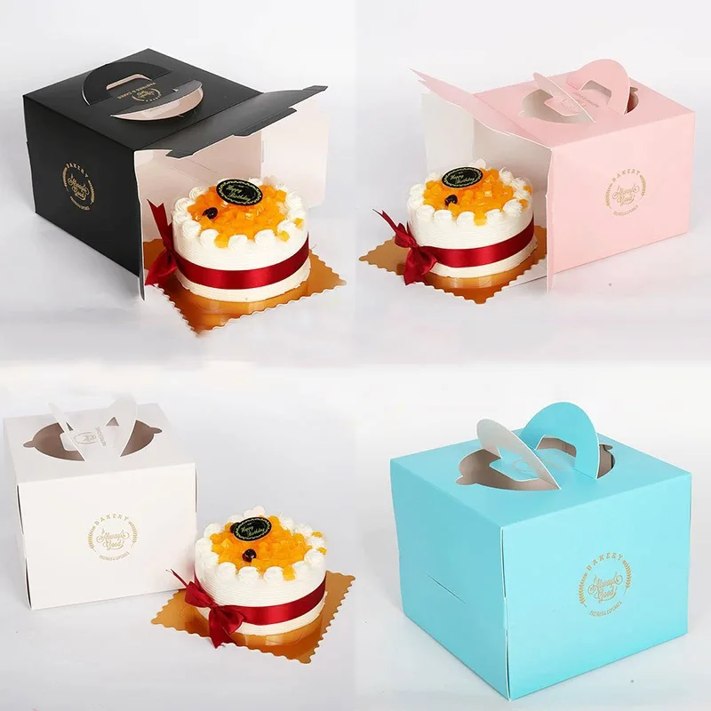 

New Blue/Pink/Black/White Craft Paper Cake Box With Handle, Square Window Cake Packaging Gift Box 6/8 inches large size 6Pcs