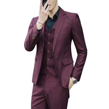 

(Front + pants + vest) men's three-piece Slim British style casual Korean version of the grid suit groom wedding dress tideS-5XL