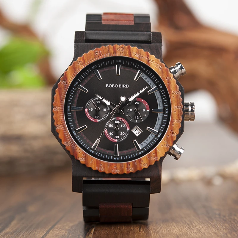 BOBO BIRD Big Size Men Watch Handmade Wooden Luxury Watches Chronograph Christmas Family Gift reloj hombre 2018