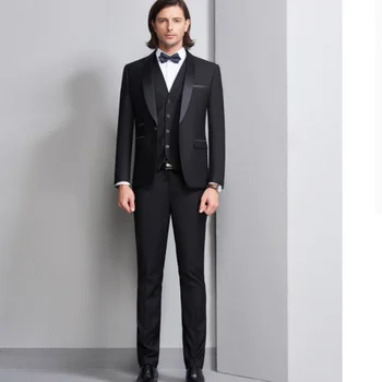 

High quality black business suit men single-breasted three-piece suit large size 5XL wedding banquet mens pure color dress suits