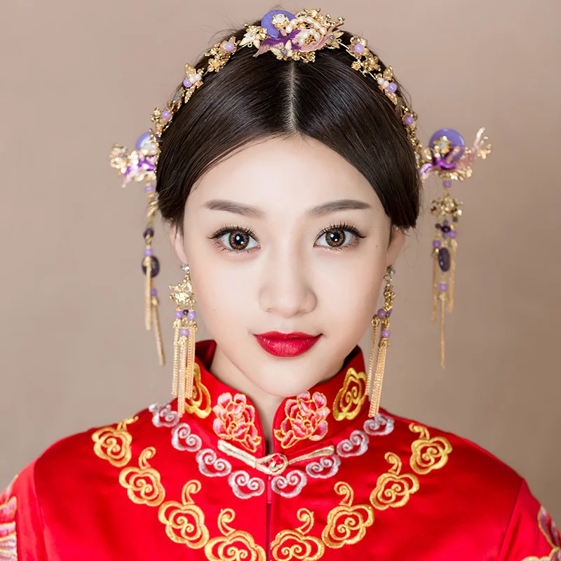 Purple Beaded Headpiece Vintage Chinese Style Headdress Jewelry Sets