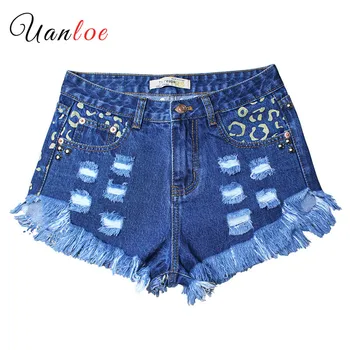 

2019 Leopard Stripe Loose Jeans Women High Waist Rivet Print Hole Washed Denim Shorts Female Fashion Streetwear Wide Legs