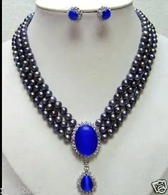 

hot Free shipping Rare black 6-7mm pearl necklace pendant earring set (A0423)