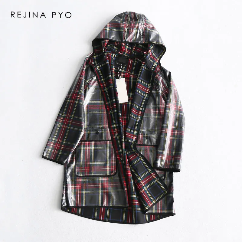Kopen REJINAPYO Vrouwen Vintage Stijl Plaid Hooded Transparante Regenjas Lange Trenchcoat Bedekt Knoppen High Street Plus Size