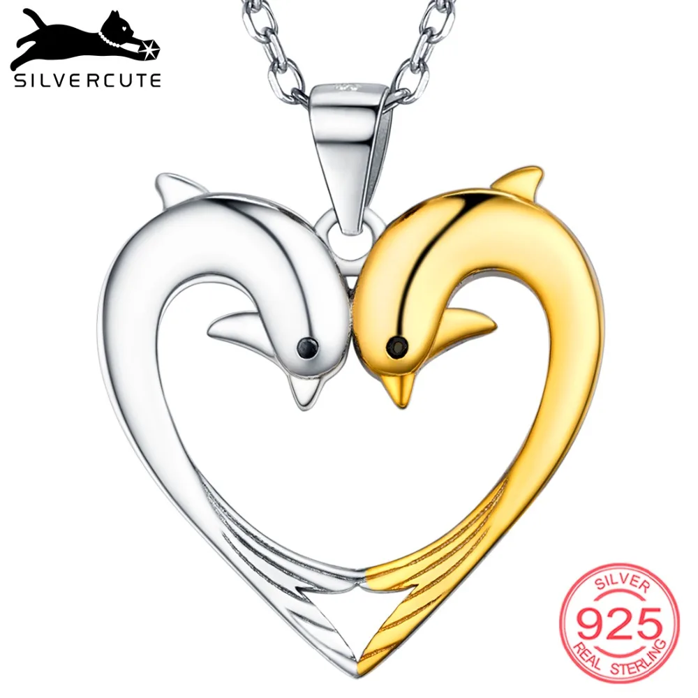 

SILVERCUTE 925 Sterling Silver Dolphin Heart Pendant Necklace Fine Women Jewelry Love Couple Necklaces Gift For Her SCP6315BK