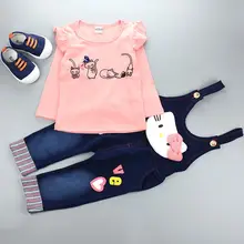 Autumn Children Cotton Hello Kitty Tracksuit Denim Coveralls Jeans T Shirt Sweatshirts 2PCS Baby Girl Boy Clothing Set Kids Suit