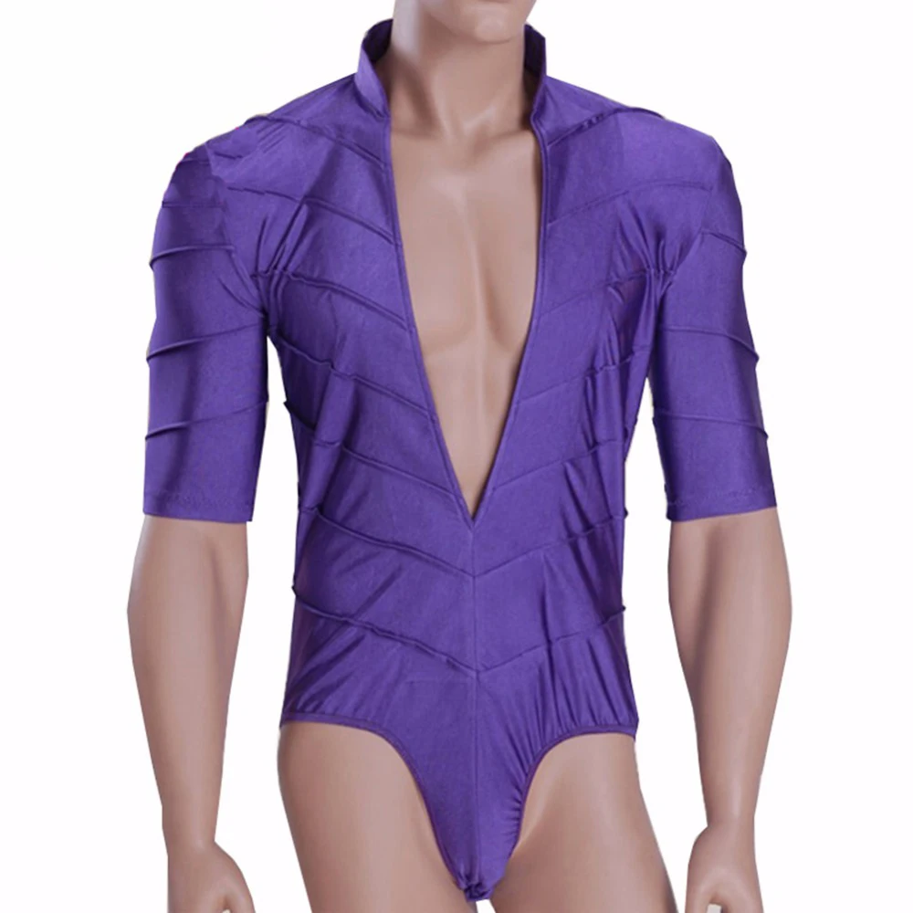 

Sexy Latin Dance Shirts For Males Purple Colors Open Crotch Short Sleeves Tops Wears Men Professional Ballroom Ball Jackets 6085