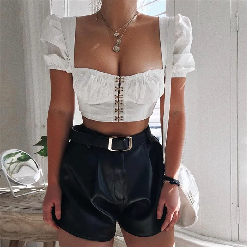 

Summer Floral Print Crop Tops Women Square Collar Sexy Tops Ladies White Puff Sleeve Tops Streetwear Blusas