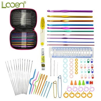 

90pcs Aluminum Looen Crochet Hooks Sets Knitting Hooks Needles Yarn Craft Kit Knitting Accessories With Pink Case Sewing Tools