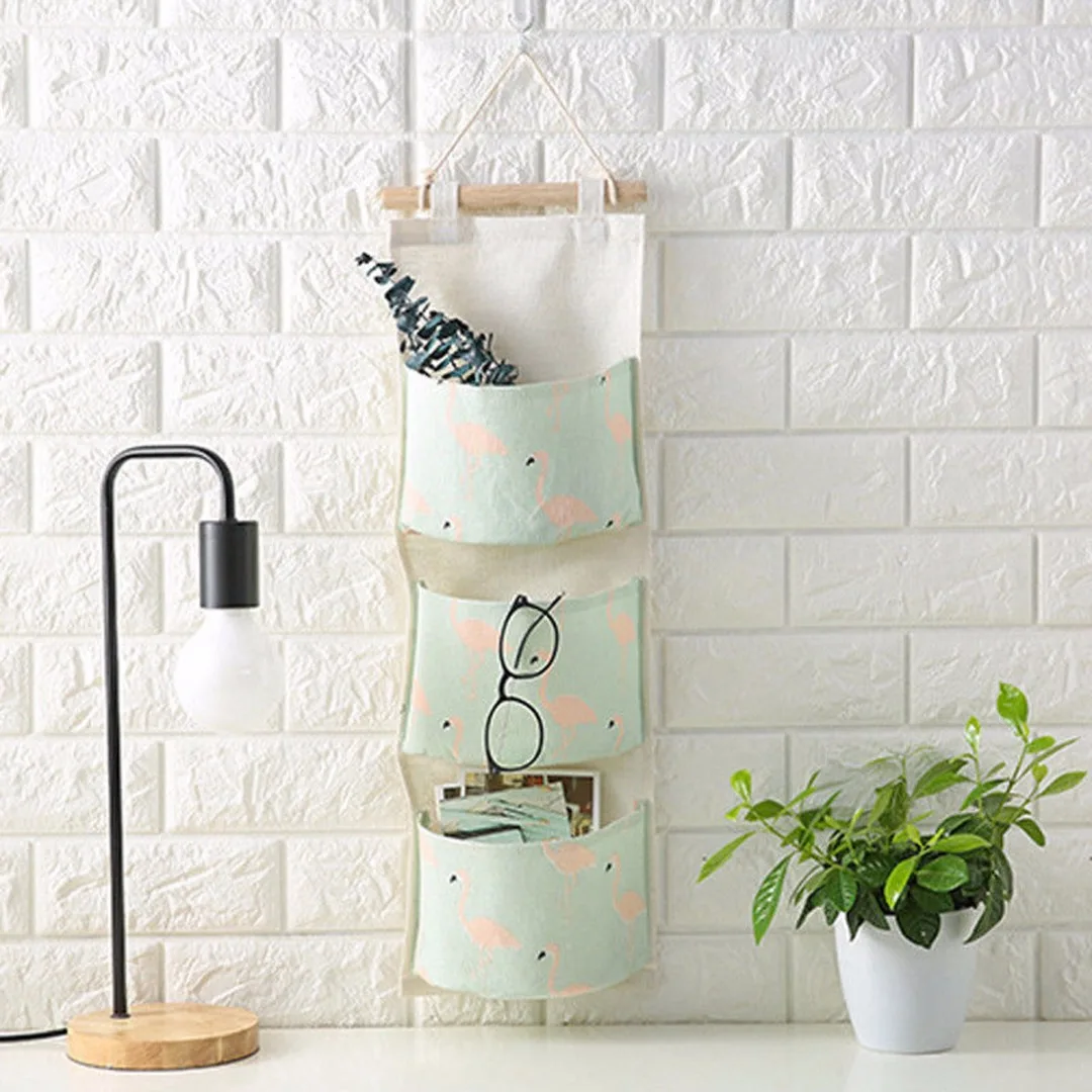 JX-LCLYL Linen 3 Layer Flamingo Storage Bag Wardrobe Hanging Bag Wall Toys Pouch Organize
