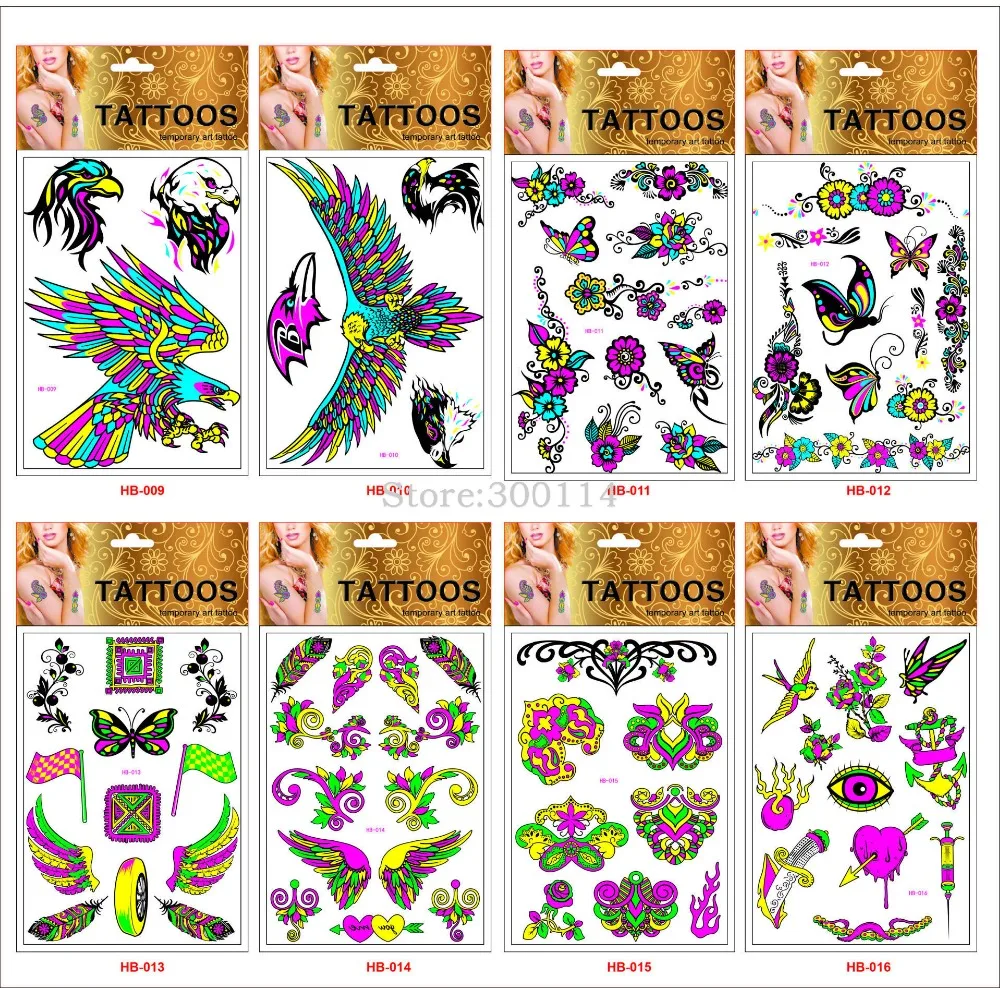 Louco do Partido Atacado Luminosa Fluorescente Luz Férias Tatuagem Temporária Harajuku Boate Fluorescência Tatuajes Corpo 500 Pcs 19 fluorescente luz Férias Tatuagem Temporária Harajuku Boate Fluorescência Tatuajes Corpo