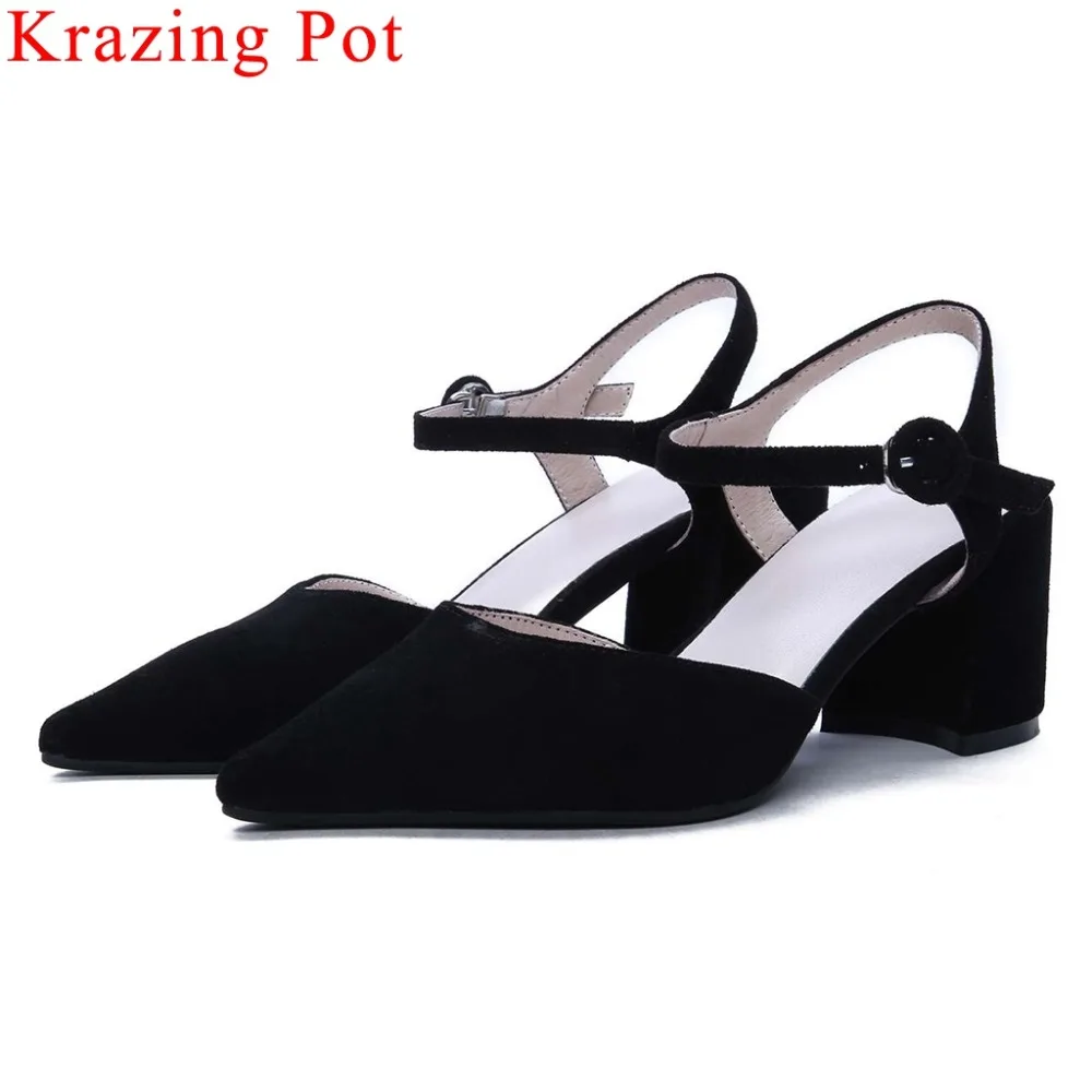 

Krazing Pot beauty girls full grain leather buckle strap chunky high heels pointed toe women sandals dating gathering shoes L11