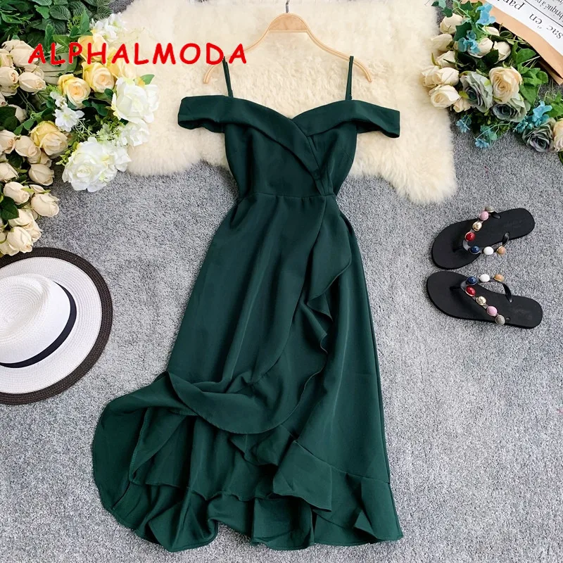 

ALPHALMODA Off-shoulder Women Graceful Ruffled Dress Slim Irregular Sling Solid Knee Length Summer Vestidos