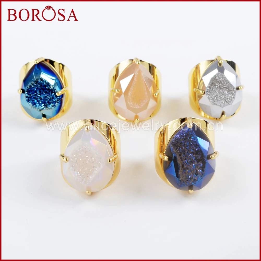 

BOROSA 5PCS New Teardrop Gold Color Claw Rainbow Titanium Druzy Faceted Ring, Rainbow Drusy Bang Rings Jewelry for Women ZG0310