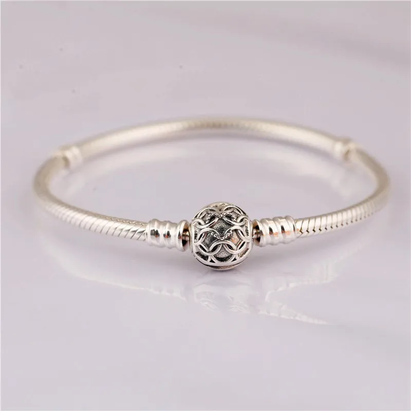 

Authentic 925 Sterling Silver Bead Charm Snake Chain Fit Branded Bracelet with Vintage Heart Clasp for Women DIY Jewelry Gift