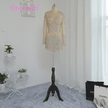 Dressgirl Cocktailkleider Champagne Elegante 2017 Mantel Hoher Kragen Long Sleeves Short Mini Durchsichtig Homecoming Kleider