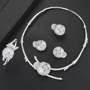 

Luxury Flower Shape Indian Gold Jewelry Sets For Women CZ Necklace Earrings Bracelet Ring Jewelry Sets For Bride Wedding