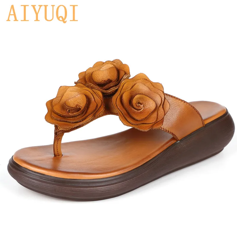 

AIYUQI Women slippers sandals 2019 new women sandals genuine leather flower fashion casual wedge flip flop women